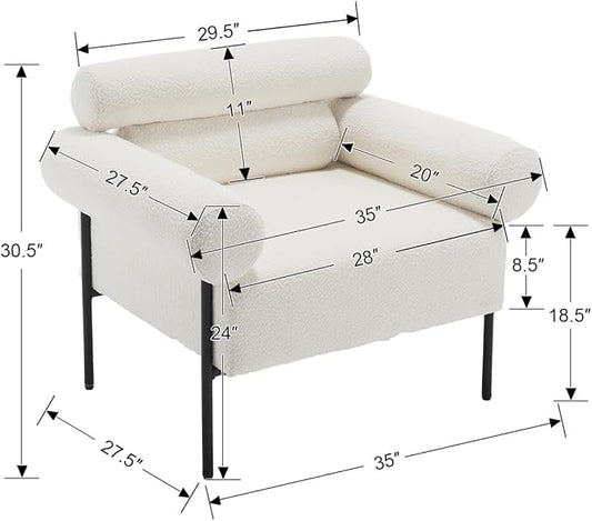 Modern Accent Chair, Boucle Sofa Accent Chair for Living Room, Upholstered Sherpa Mid-Century Modern Armchair, Oversized Reading Chair with Channel Tufted for Bedroom, Office, White