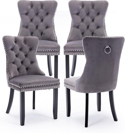 Velvet Upholstered Dining Chairs Set of 4, Modern Style Kitchen Side Chairs with Nailhead Trim and Wood Legs,Metal Pulling Ring for Dining Room Living Room(Grey,Set of 4)