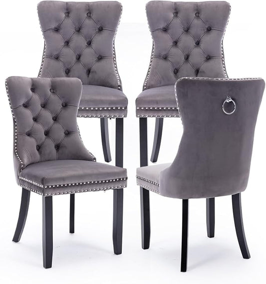 Velvet Upholstered Dining Chairs Set of 4, Modern Style Kitchen Side Chairs with Nailhead Trim and Wood Legs,Metal Pulling Ring for Dining Room Living Room(Grey,Set of 4)