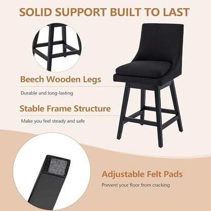 Bar Stools Set of 2, 26 Inch Upholstered Barstools with 14.2" High Back and Footrest, Swivel Counter Height Barstools for Kitchen Island Home Bar Performance Fabric Black