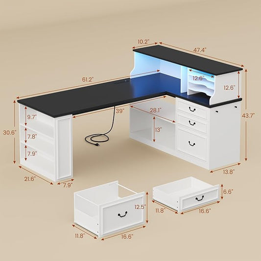 61" Executive Desk, Farmhouse Home Office Desk with Drawers, Wood L Shaped Computer Desk with 4-Tier Paper Organizer, File Holder, Power Outlets, LED Light, Storage Shelves, Hooks, White