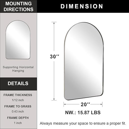 ANDY STAR Chrome Bathroom Mirror, 20" x 30" Arch Mirror in Stainless Steel Metal Frame, Chrome Arched Bathroom Mirror for Wall, Arch Top Rounded Corner 1" Deep Set Design Wall Mount Hangs Vertical