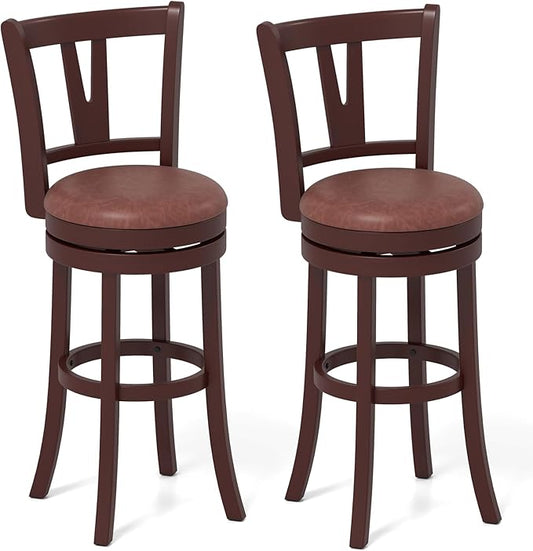 COSTWAY Barstools Set of 2, 30” Faux Leather Upholstered Bar Stools with High Backs and Footrests, Armless Kitchen Island Dining Chairs with Solid Wood Legs, Cappuccino (2, 30'' Seat Height)