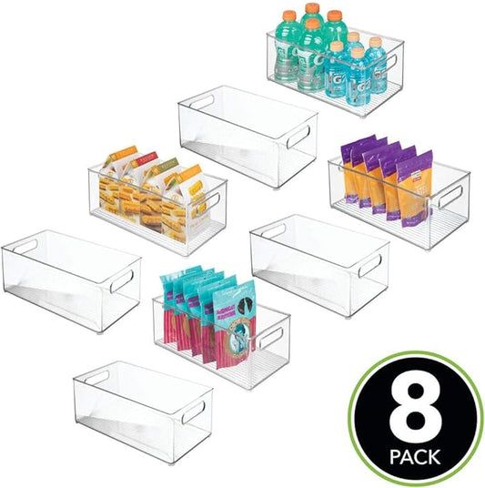 mDesign Deep Plastic Kitchen Storage Organizer Container Bin for Pantry, Cabinet, Cupboard, Shelves, Fridge, or Freezer - Holds Dry Goods, Sauces, Condiments, Drinks, Ligne Collection, 8 Pack, Clear