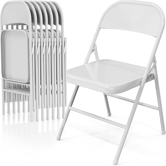 VINGLI Folding Chairs All Steel Metal Frame, Capacity 350 lbs, Durable Portable and Versatile for Indoor Outdoor Use, White, Set of 8