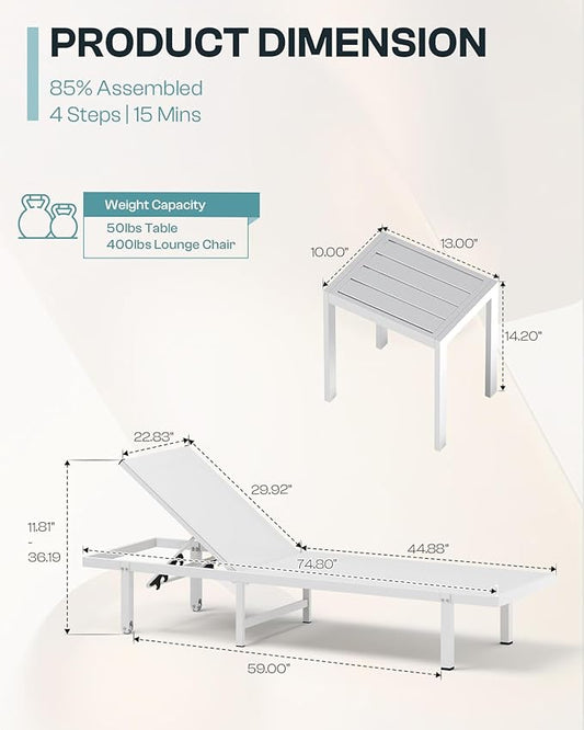 Pool Lounge Chairs Set of 2，Outdoor Lounge Chairs with Wheels and 5-Position Recliner -Easy to Move- Aluminum Patio Lounge Chair for Poolside, Deck (White)