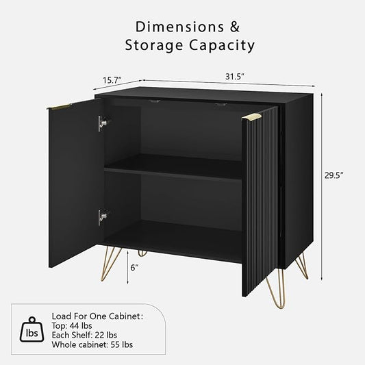 Fluted Storage Cabinet, 2 Doors Sideboard Buffet Cabinet, Modern Wood Accent Table with Adjustable Shelves, Console Table for Living Room, Hallway, Entryway, Black