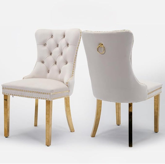 Velvet Upholstered Dining Chairs Set of 2, Modern Style Kitchen Side Chairs with Nailhead Trim and Gold Plated Leg, Metal Pulling Ring for Dining Room Living Room(Beige-Gold Plated Leg)