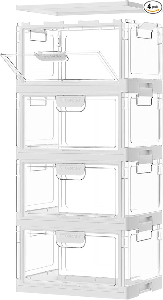 Vtopmart 4 Pack Clear Stackable Storage Bins with Lids 24QT, Foldable Storage Boxes with Doors Open Front, Plastic Containers for Closet, Craft, Toys, Pantry Organization