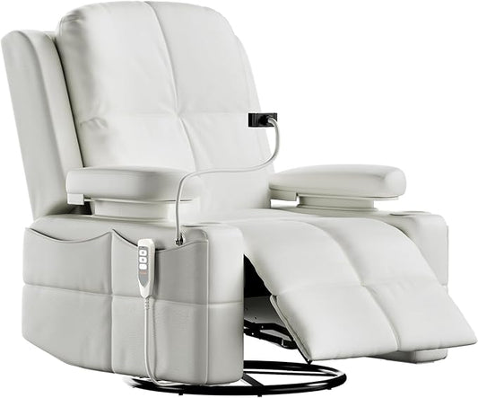 Triple Motor Power Swivel Rocker Recliner Chair with Adjustable Armrests for Adults Elderly, FSC Certified Faux Leather Rocking Chair Nursery for Breastfeeding(White)