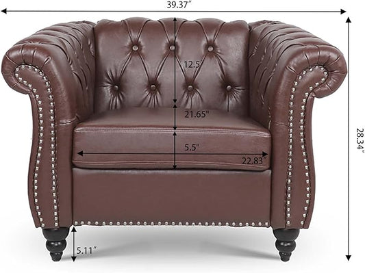 LEVNARY Leather Chesterfield Chair, Mid-Century Modern Single Sofa Chair, Tufted Upholstered Rolled Armchair for Home Bedroom Reading Room (Dark Brown)
