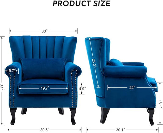 Accent Reading Arm Chairs Midcentury Modern Comfy Corner Sofa Chair, Wingback Waiting Room Club Chair with Tufted Back for Living Room/Bedroom/Reception Room, Velvet Blue