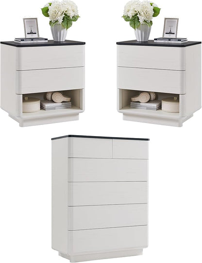 ACCOHOHO Modern Bedroom Set, 3 Pieces Bedroom Furniture Set, Wood 6 Drawer Dresser and Nightstands Set of 2, Chest of Drawers Wide Storage Organizer Cabinet for Bedroom, White