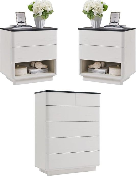 ACCOHOHO Modern Bedroom Set, 3 Pieces Bedroom Furniture Set, Wood 6 Drawer Dresser and Nightstands Set of 2, Chest of Drawers Wide Storage Organizer Cabinet for Bedroom, White