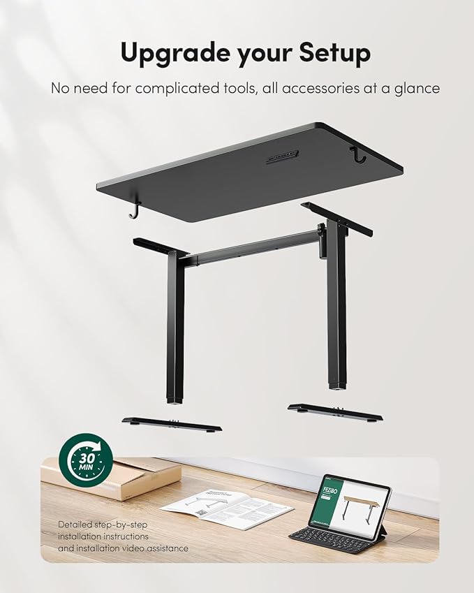 FEZIBO One-Piece Standing Desk Adjustable Height Stand up Home Office Desk, 48x24 Inch Electric Standing Computer Desk, with 4 Memory Presets, Headphone Hook, Black