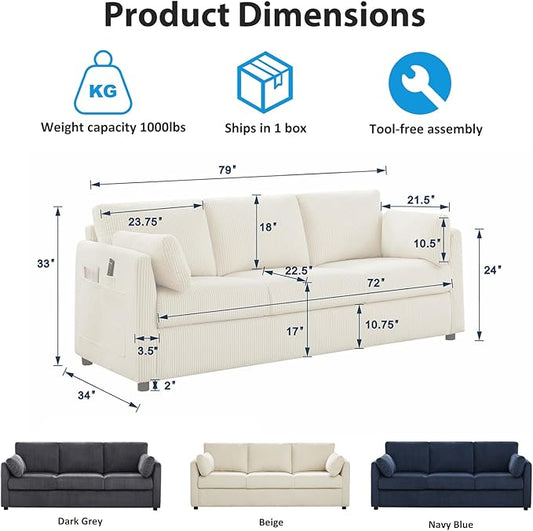 Living Room Sofa Set, Corduroy 3-Seat Couch with Set of 2 Accent Side Chairs, Soft Pillows and Side Pockets, Modern Living Room Furniture Sets for Apartment, Small Spaces, Grey