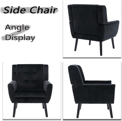Dolonm Midcentury Modern Velvet Accent Chair with Arms, Upholstered Reading Side Chair Tufted Back Decorative Wingback Chair for Living Room Bedroom (Black)