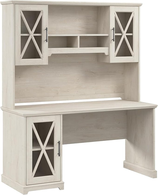 Bush Furniture Lennox 60W Farmhouse Desk with Hutch and Storage Cabinet in Linen White Oak | Computer Table for Home Office