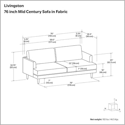 SIMPLIHOME Livingston 76-inch Wide Sofa in Cream White Woven-Blend Fabric, Handcrafted Loveseat Couch for Living Room or Family Room, Mid-Century Modern Style, Solid Wood Frame
