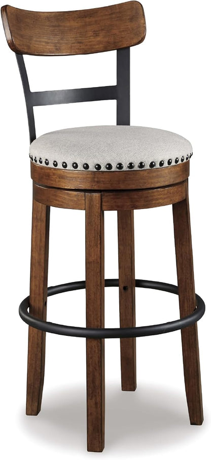 Signature Design by Ashley Valebeck | 30″ Farmhouse Pub-Height Swivel Barstool With Back – Upholstered Cushion, Nailhead Trim, Metal & Wood Frame, Brown