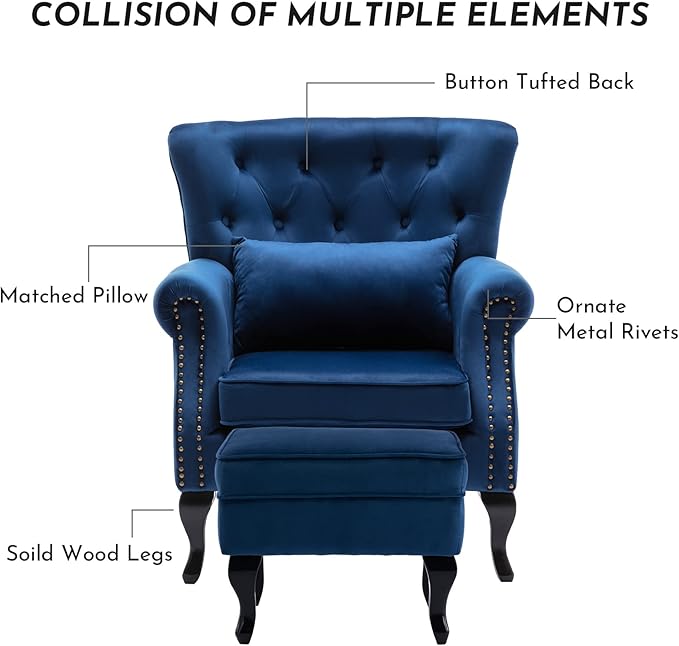 Accent Reading Arm Chairs with Ottoman for Living Room Bedroom, Midcentury Modern Comfy Corner Sofa Chair, Wingback Waiting Room Club Chair with Button Tufted Back &Lumbar Pillow, Velvet Blue
