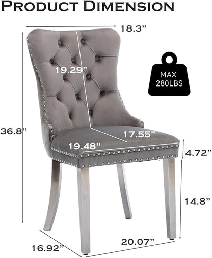 Velvet Upholstered Dining Chairs Set of 6, Modern Style Kitchen Side Chairs with Nailhead Trim and Silver Plated Leg, Metal Pulling Ring for Dining Room Living Room(Gery-Silver Plated Leg)