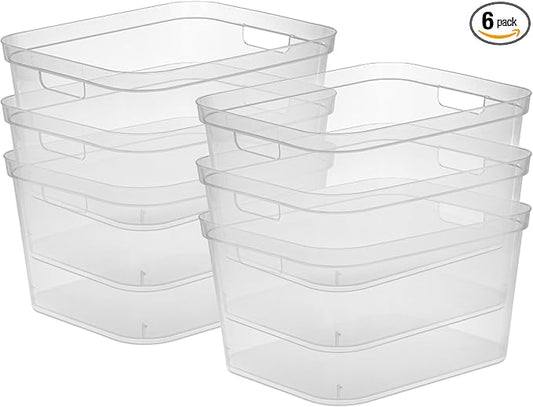Sterilite 8.25x12.25x15 Inch Modern Polished Storage Bin w/Comfortable Carry Through Handles & Banded Rim for Household Organization, Clear (6 Pack)