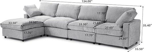 Cloud Couch Modular Sectional Sofa,134" L Shaped Couch, Oversized Convertible Wide Seater,4 Seater with Ottoman for Living Room Set, Covers Washable&Replaceable,Gray