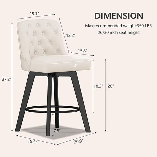 MINCETA Bar Stools Set of 4, PU Leather Barstools, 26 Inch Upholstered Counter Stools with Low Tufted Back and Footrest, Swivel Counter Height Barstools for Kitchen Island Home Bar White