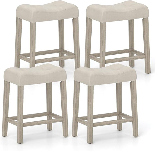 COSTWAY Wooden Saddle Stools Set of 4, 24-inch Counter Height Upholstered Backless Bar Stools with Solid Rubber Wood Legs, Padded Seat, Farmhouse Dining Chairs for Kitchen Island, Cafe, Beige