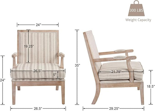 chairus Farmhouse Linen Accent Chair for Living Room, Upholstered Reading Chair with Solid Wood Frame Lounge Arm Chair with High Back for Bedroom, Reception Room, Waiting Room, Khaki Stripe