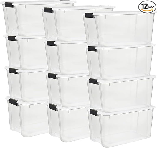 Sterilite 12-Pack Ultra Latching Box, Storage Bins with Lids, Clear Plastic, 70 Quart - Heavy-Duty Organizing Containers for Closet, Bathroom, and Office