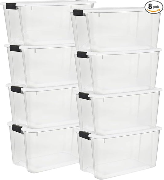 Sterilite 8 Pack Ultra Latching Box, Storage Bins with Lids, Clear Plastic, 70 Quart - Heavy-Duty Organizing Containers for Closet, Bathroom, and Office