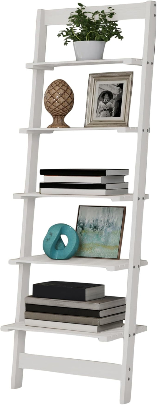 5-Tier Ladder Shelf - 50-Inch Narrow Leaning Bookshelf - Wooden Bookcase for Living Room, Bathroom, Kitchen, Office, or Bedroom Furniture by Lavish Home (White)