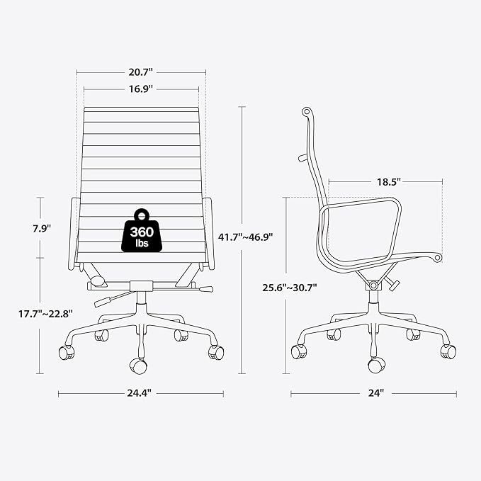 Ribbed Office Chair with Top Grain Leather - High Back Ergonomic Desk Chair with Aluminum Arms & Frame, Swivel Wheels & Tilt Function, Adjustable Height