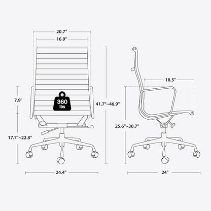 Ribbed Office Chair with Top Grain Leather - High Back Ergonomic Desk Chair with Aluminum Arms & Frame, Swivel Wheels & Tilt Function, Adjustable Height