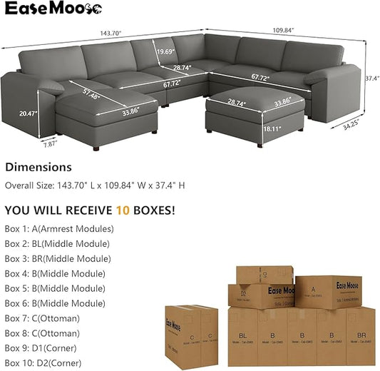 EASE MOOSE Modular Sectional Sofa, Oversized Faux Leather Sectional with Ottoman, Wide Deep Modular Couch, Scratch Resistant Faux Leather Material, U Shaped Couch for Big Spaces, Grey