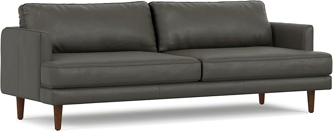 SIMPLIHOME Livingston 90-inch Wide Sofa in Coal Top Grain Genuine Leather, Handcrafted Mid-Century Modern Couch for Living Room, Large 3-Seater with Feather-Wrapped Cushions and Solid Wood Frame