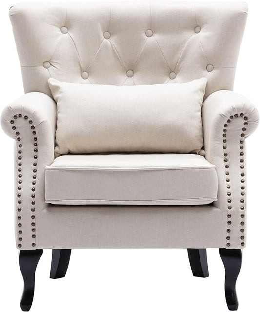 chairus Mid-Century Modern Accent Chair, Comfy Tufted Single Sofa Chair Wingback Armchair with Pillow for Club, Living Room, Bedroom - Linen, Beige