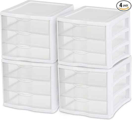 Sterilite 4-Pack 3 Drawer Unit, Plastic Desktop Organizer with Clear Drawers, White Frame - Stackable Multi-Purpose Storage for Office Supplies, Craft Rooms, Classrooms and Home Organization