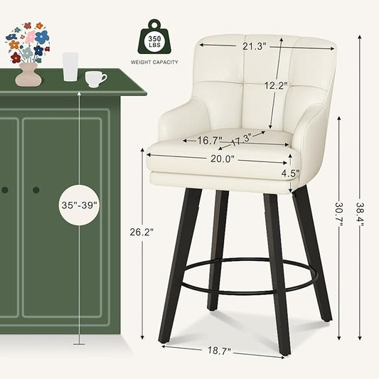 360°Swivel Counter Height Bar Stools with Back, 26 inch Solid Wood Legs, Bar Stool Modern Kitchen Island Chairs, Faux Leather (Beige- Faux Leather, 26" H- Set of 3)