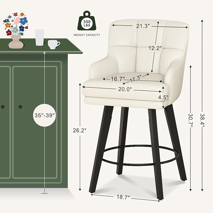 360°Swivel Counter Height Bar Stools with Back, 26 inch Solid Wood Legs, Bar Stool Modern Kitchen Island Chairs, Faux Leather (Beige- Faux Leather, 26" H- Set of 6)