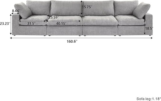 Cloud Modular Sectional Sofa,160" Down Filled Comfort Sofa Couch for Living Room,4 Seater Couches for Livingroon Apartment,Sofa Cover Washable and Replaceable,Grey