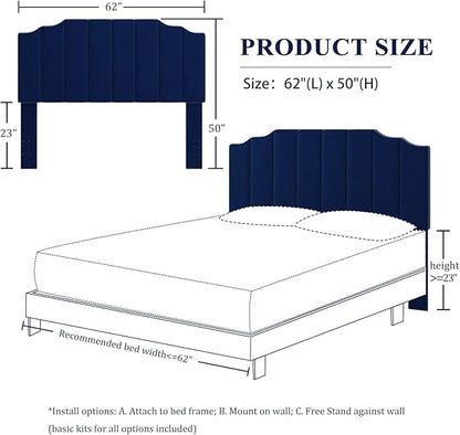 Queen Size Headboard Only, Velvet Wall Mounted Headboard Queen/Full Size for Adjustable Bed, Modern Vertical Channel Design with Curved Upholstered Head Board, Royal Blue