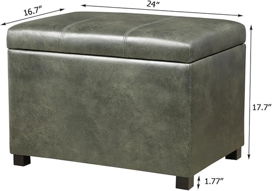 Asense Storage Ottoman Bench,Foot Stool Ottoman with Storage, Faux Leather Foot Rest Seat with Safety Hinge,Wood Legs Stool for Living Room, Bedroom,Enterway,Green