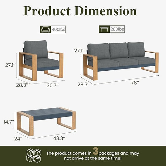 LayinSun 4 Pieces Aluminum Patio Furniture Set with Coffee Table, Oversized Seat with Hight Back, Outdoor Conversation Sets for Porch, Balcony, Deck