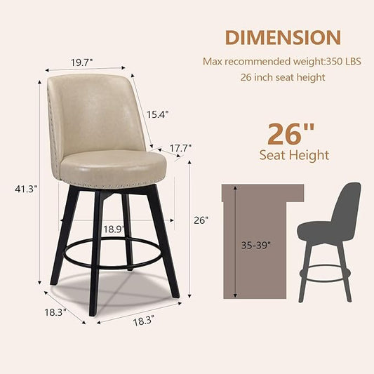MINCETA Bar Stools Set of 4, PU Leather Barstools, 26 Inch Upholstered Counter Stools with High Back and Footrest, Swivel Counter Height Barstools for Kitchen Island Home Bar Khaki