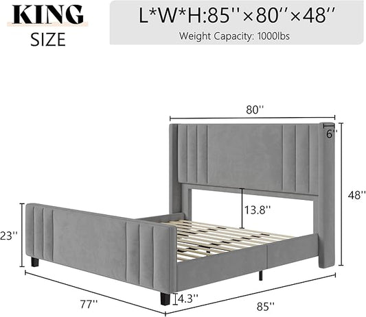 AMERLIFE King Size Bed Frame, Velvet Upholstered Platform Bed with Vertical Channel Tufted Headboard & Footboard/Wingback, Mattress Foundation with Wood Slats, No Box Spring Needed, Light Grey