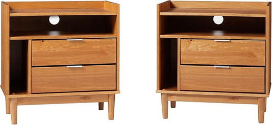 Walker Edison Blythe Mid-Century Modern Tray-Top Storage Nightstands Set of 2 Caramel
