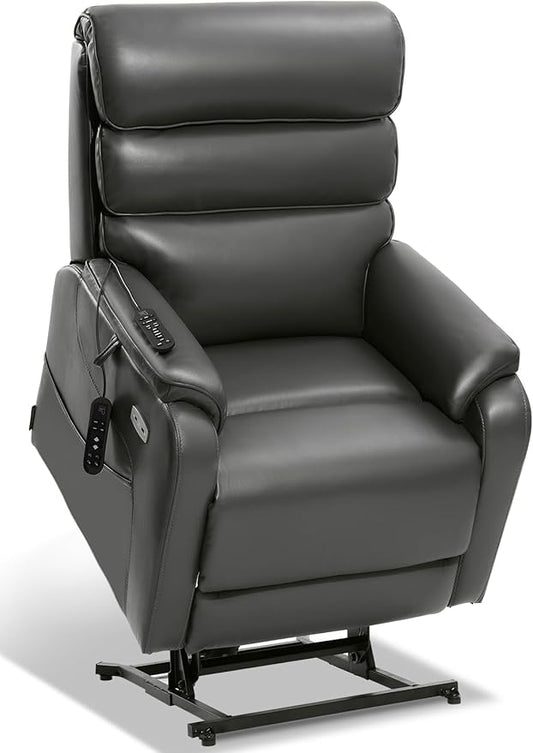 EONIX Dual Motor Lay Flat Power Lift Recliner Chair for Elderly, Breathable Faux Leather Electric Lift Chairs for Adults, 400lbs Heavy Duty Power Recliner with Heat Massage Charging Ports, Grey